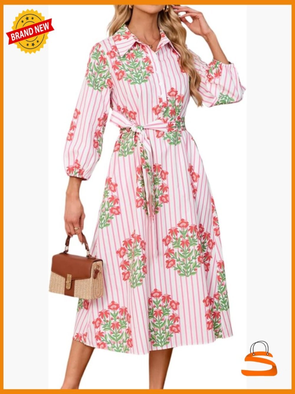 Women's Floral Midi Shirt Dress with Pockets A-Line Belted 3/4 Puff Sleeve